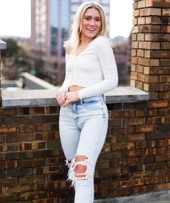 Do + Be Ruched White Long Sleeve Crop Top Women's Clothing