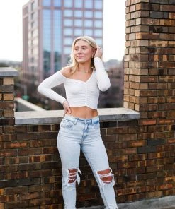 Do + Be Ruched White Long Sleeve Crop Top Women's Clothing