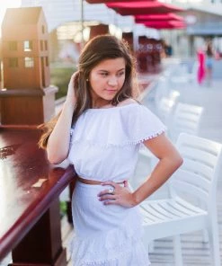 Blue Blush Ruffle Trim White Two Piece Set Women's Clothing