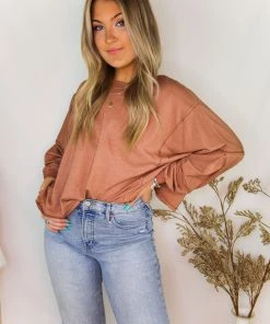 Mustard Seed Rust Acid Wash Long Sleeve High Low Top Women's Clothing