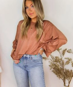 Mustard Seed Rust Acid Wash Long Sleeve High Low Top Women's Clothing