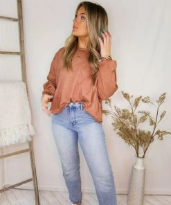 Mustard Seed Rust Acid Wash Long Sleeve High Low Top Women's Clothing