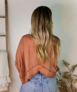 Mustard Seed Rust Acid Wash Long Sleeve High Low Top Women's Clothing