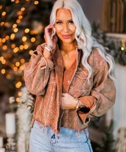 POL Rust Corduroy Distressed Hem Jacket