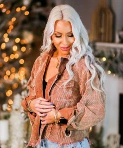 POL Rust Corduroy Distressed Hem Jacket