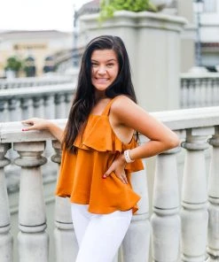 HYFVE Women's Clothing Rust Orange Ruffle Tank Top