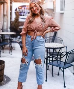 Mustard Seed Rust Shimmer Stripe Front Tie Blouse