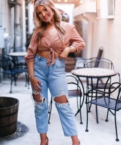 Mustard Seed Rust Shimmer Stripe Front Tie Blouse