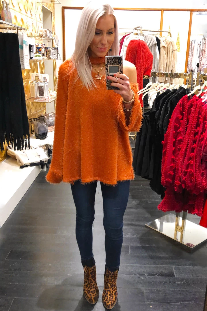 Peach Love California Orange Eyelash Knit Cutout Neck Sweater Women's Clothing