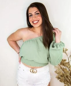 Le Lis Sage Green One Shoulder Linen Top