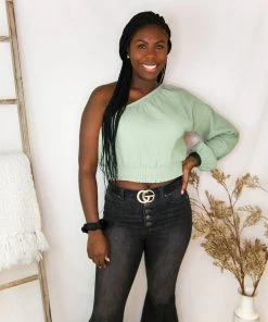 Le Lis Sage Green One Shoulder Linen Top