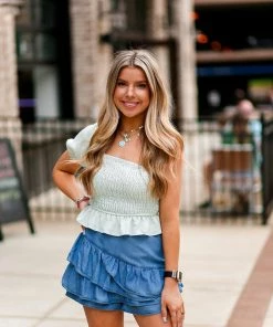 Le Lis Women's Clothing Sage Green Puff Sleeve Smocked Top