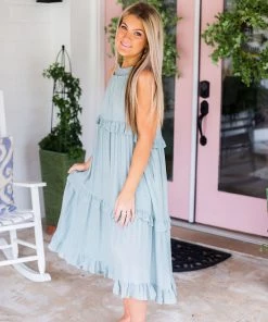 Entro Sage Green Ruffle Midi Maxi Dress Women's Clothing