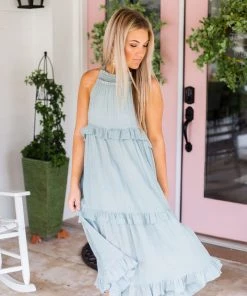 Entro Sage Green Ruffle Midi Maxi Dress Women's Clothing