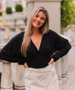 She & Sky Long Sleeve Black Smocked Blouse Women's Clothing