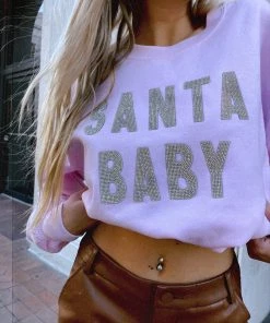 Vintage Distressed Santa Baby Bling Pink Crewneck