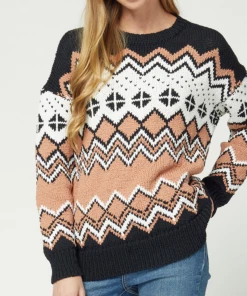 Entro Fair Isle Print Black Sweater Women's Clothing