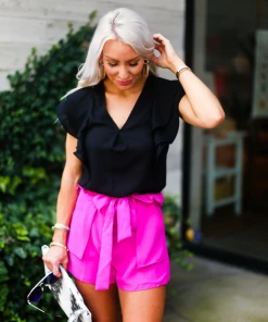 TCEC Women's Clothing Magenta Pink Tie Waist Paper Bag Shorts