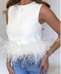 La Ros Women's Clothing White Feather Hem Tank Top