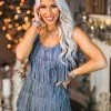 Nylon Apparel Blue Metallic Fringe Mini Dress Women's Clothing
