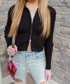 Le Lis Black Ribbed Zip Up Sweater