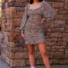 HYFVE Women's Clothing Leopard Ruched Long Sleeve Mini Dress