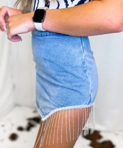 Cloud Ten Light Wash Denim Rhinestone Mini Skirt