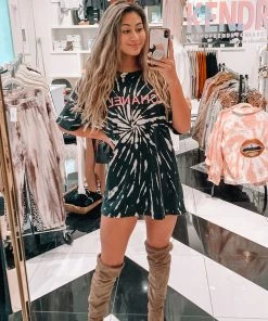 Tres Bien Women's Clothing Short Sleeve Black Tie Dye Dress