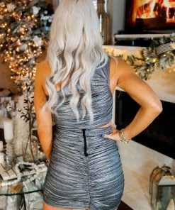 HYFVE Silver Glitter One Shoulder Mini Dress