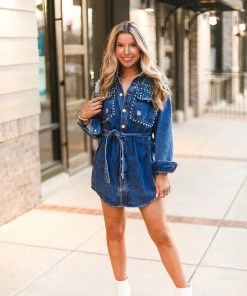 Veveret Women's Clothing Silver Studded Long Sleeve Denim Dress