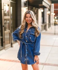 Veveret Women's Clothing Silver Studded Long Sleeve Denim Dress 12 Veveret Women's Clothing Silver Studded Long Sleeve Denim Dress