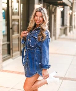 Veveret Women's Clothing Silver Studded Long Sleeve Denim Dress 13 Veveret Women's Clothing Silver Studded Long Sleeve Denim Dress