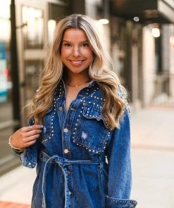 Veveret Women's Clothing Silver Studded Long Sleeve Denim Dress 14 Veveret Women's Clothing Silver Studded Long Sleeve Denim Dress