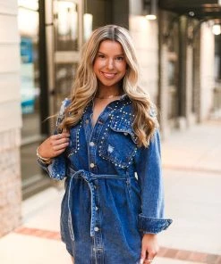 Veveret Women's Clothing Silver Studded Long Sleeve Denim Dress