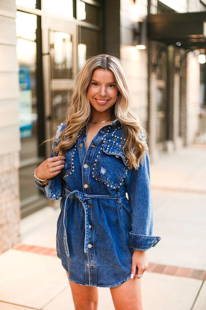 Veveret Women's Clothing Silver Studded Long Sleeve Denim Dress 4 Veveret Women's Clothing Silver Studded Long Sleeve Denim Dress