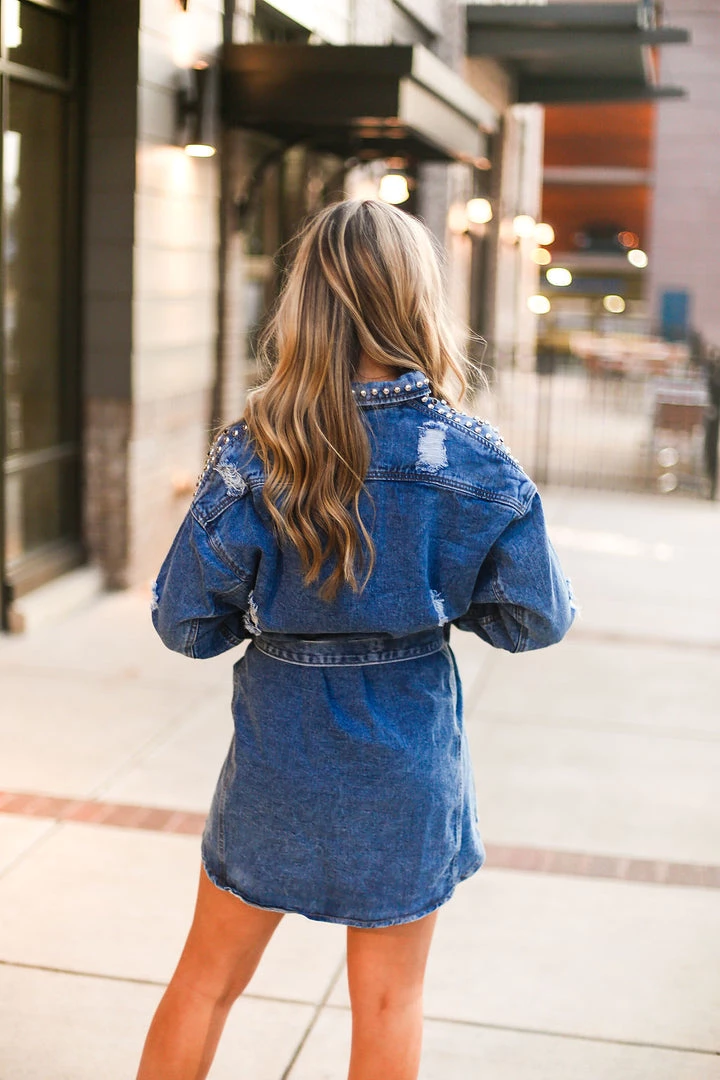 Veveret Women's Clothing Silver Studded Long Sleeve Denim Dress 8 Veveret Women's Clothing Silver Studded Long Sleeve Denim Dress