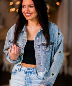 Cloud Ten Smiley Face Cropped Denim Jacket Women's Clothing