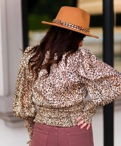 Do + Be Smocked Leopard Long Sleeve Blouse Women's Clothing