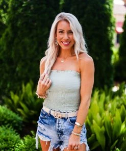 Zeanna Smocked Tube Top - Sage Green Women's Clothing