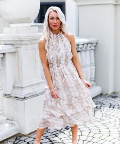 FATE Women's Clothing Taupe Snakeskin Swiss Dot Midi Ruffle Dress