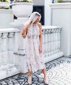 FATE Women's Clothing Taupe Snakeskin Swiss Dot Midi Ruffle Dress