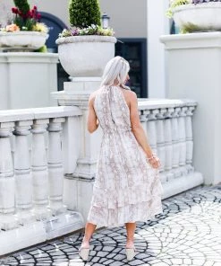 FATE Women's Clothing Taupe Snakeskin Swiss Dot Midi Ruffle Dress