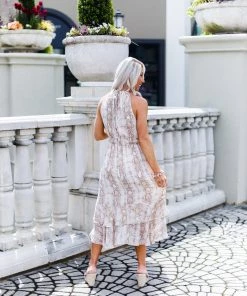 FATE Women's Clothing Taupe Snakeskin Swiss Dot Midi Ruffle Dress