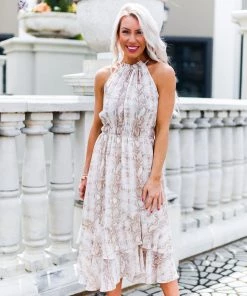 FATE Women's Clothing Taupe Snakeskin Swiss Dot Midi Ruffle Dress