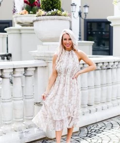 FATE Women's Clothing Taupe Snakeskin Swiss Dot Midi Ruffle Dress