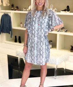 Mittoshop Snakeskin Angel Sleeve Shift Dress Women's Clothing