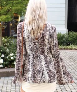 Peach Love California Snakeskin Bell Sleeve Babydoll Top Women's Clothing