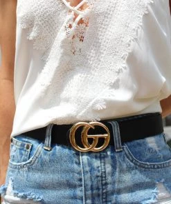 YOOMOO Women's Clothing Solid Black Faux Leather GG Belt - RESTOCK