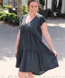 Peach Love California Tailgate Babe V-Neck Frill Dress - Charcoal