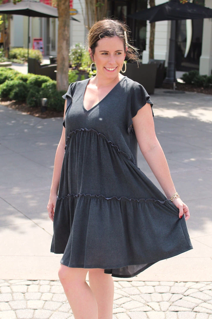 Peach Love California Tailgate Babe V-Neck Frill Dress - Charcoal 3 Peach Love California Tailgate Babe V-Neck Frill Dress - Charcoal